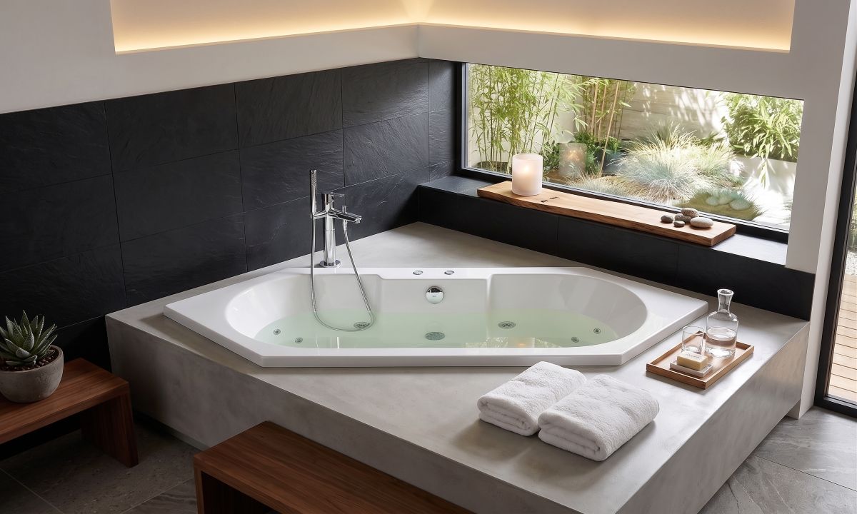 whirlpool, badewanne, einbaubadewanne, tageslichtfenster, handtuch