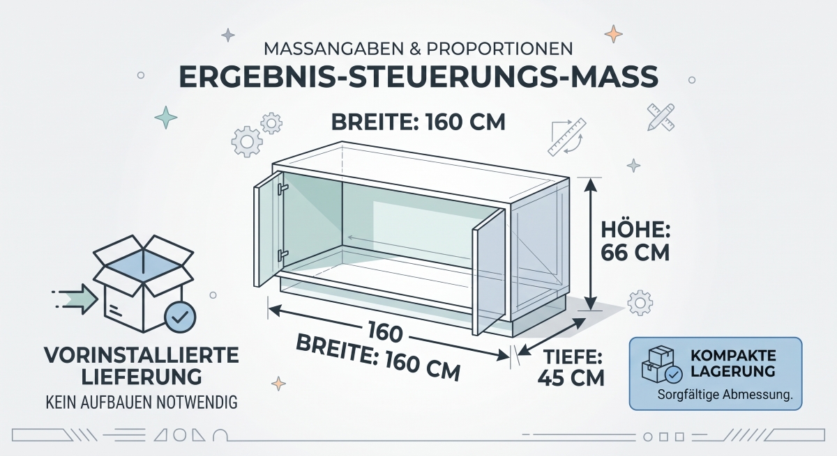 breite 160 cm, höhe 66 cm, tiefe 45 cm, montage-ableitung, kompakte lagerung