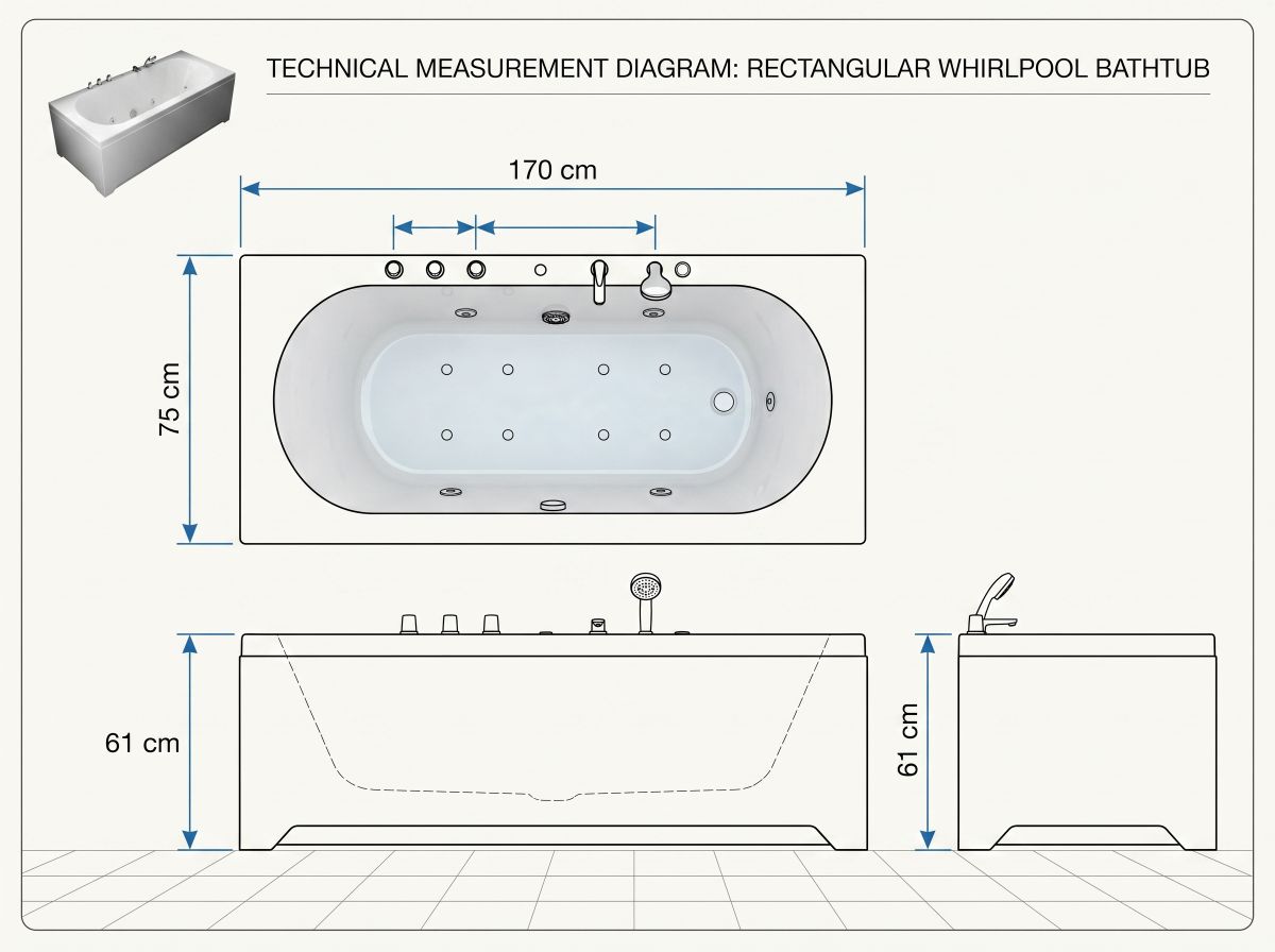 Badewanne, Whirlpool, Rectangular, Freistehend, Armaturen