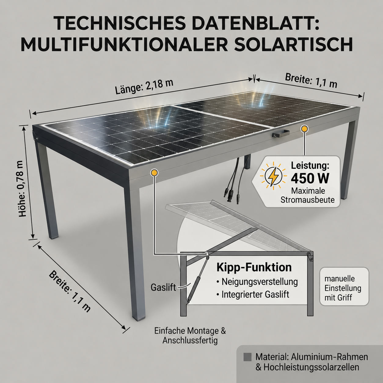Jet-Line Solar Gartentisch 450 W Modul 6 Stühle & 800 W Wechselrichter