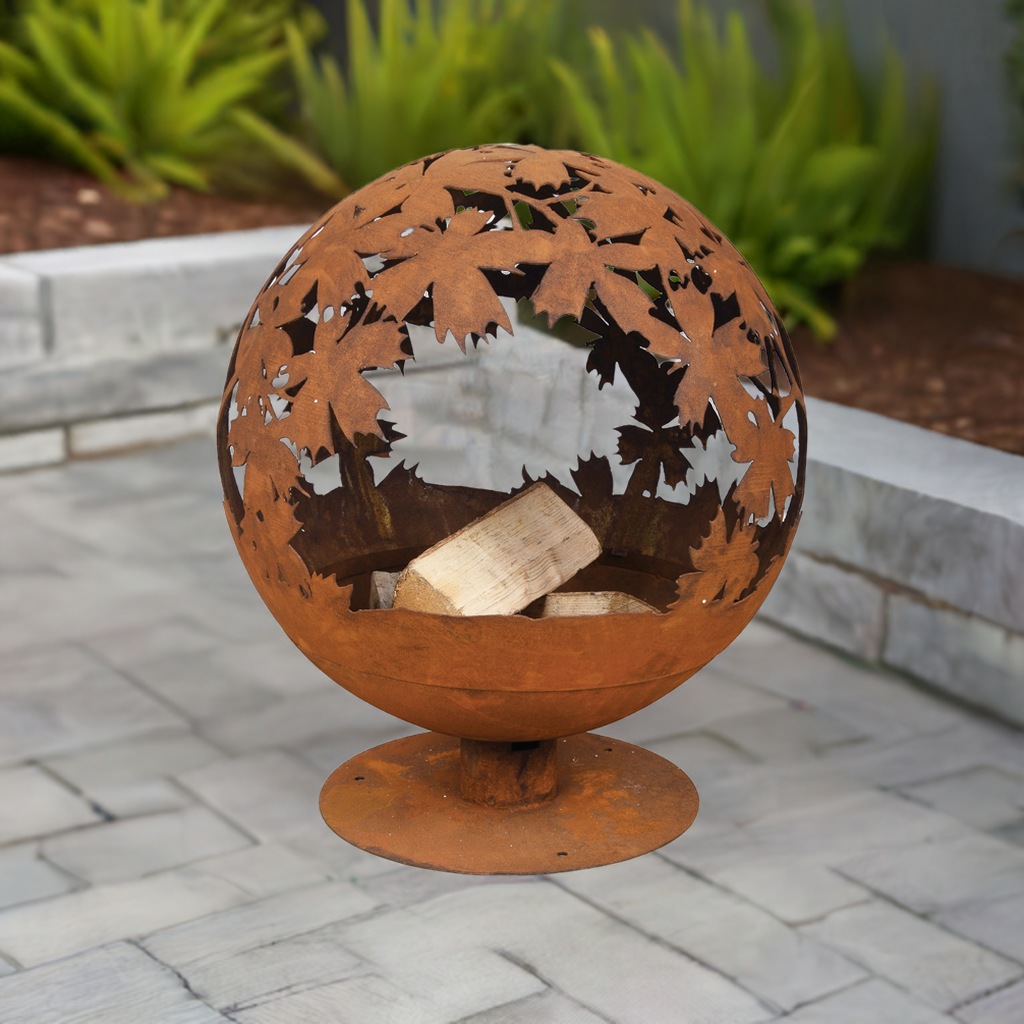 Jet-Line Feuerstelle rund Ø 58 cm – Blattmotiv & Rostoptik – Outdoor Feuerschale aus Stahl