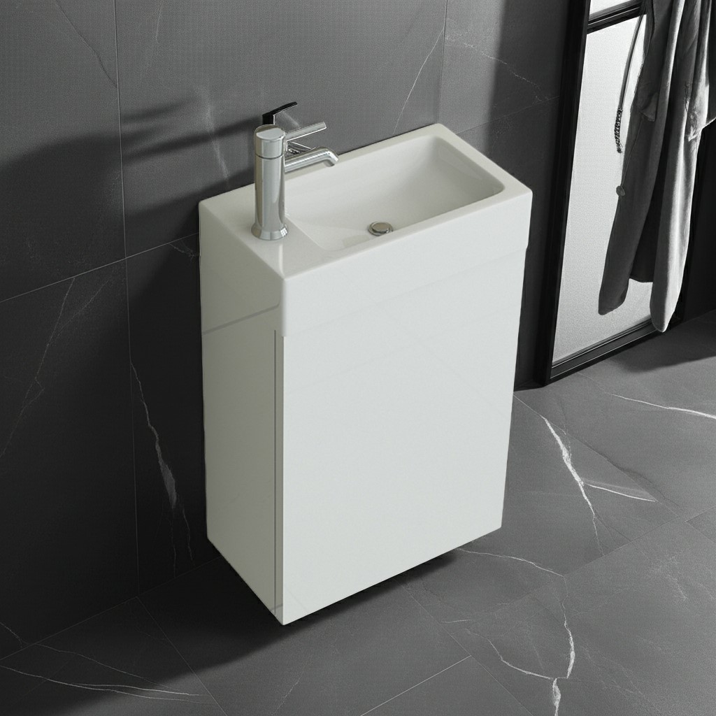 AARAU Badset Gäste WC Badmoebel weiss Hochglanz Waschbecken schmal SMC klein Waschtisch Unterschrank