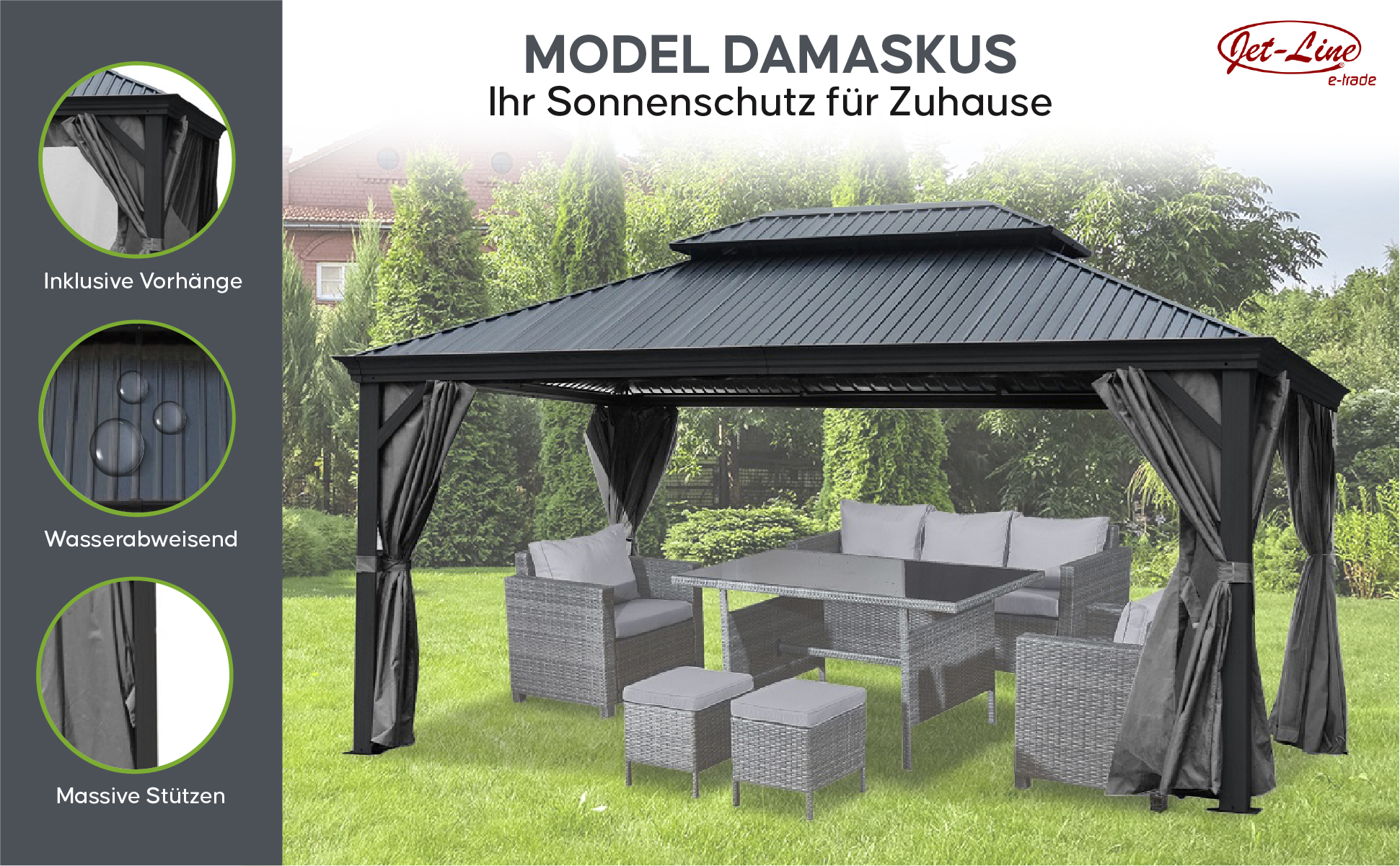 Pavillon Gartenpavillon 3x3,65 anthrazit DAMASKUS aus Aluminium mit festem Dach UV-Schutz