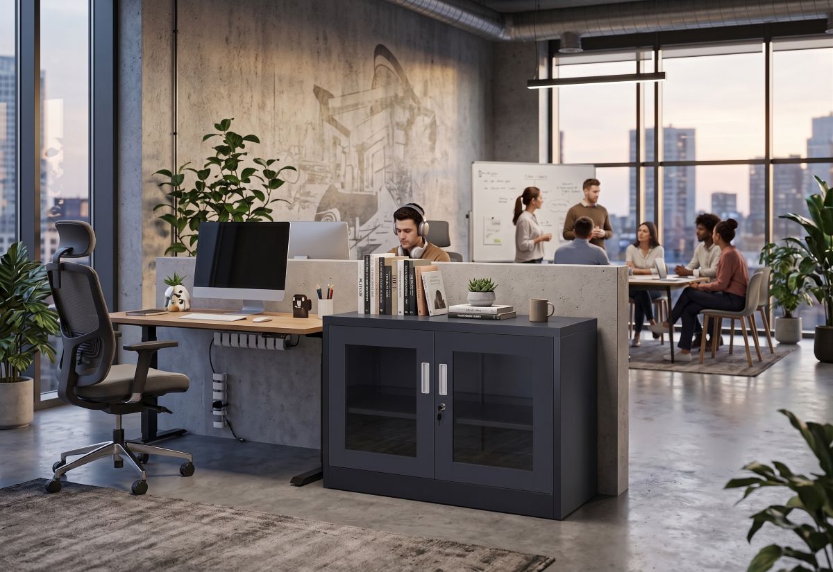 Büro, Schreibtisch, Computer, Schrank, Pflanzen