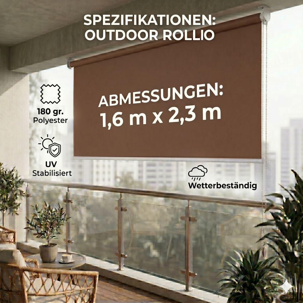 Vertikalmarkise Sichtschutzrollo Außenrollo 1.6x2.3m braun Garten Terrasse Wärmeschutz Verdunklung