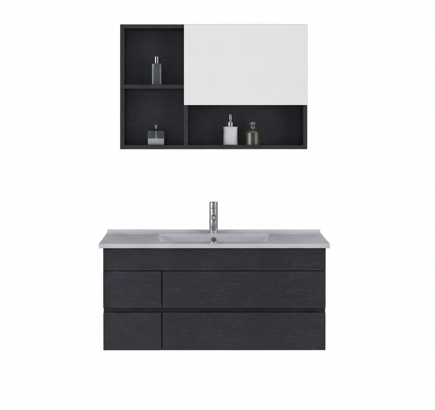 Waschtischunterschrank, Waschtisch, Waschbecken, Spiegelkombination, Schwarze Holzoptik