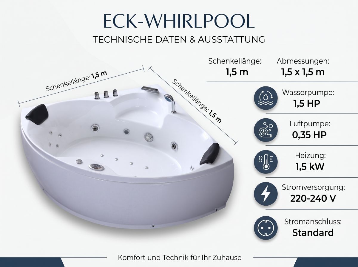 Whirlpool indoor Spa Badewanne VILLA ALICE weiß 150x150cm LED Massagedüsen Home Spa Whirlwanne