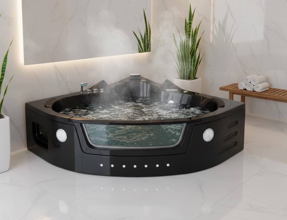 Whirlpool Indoor Spa Badewanne Eckbadewanne VILLA CARLOTTA schwarz 1530 x 1530 mm LED