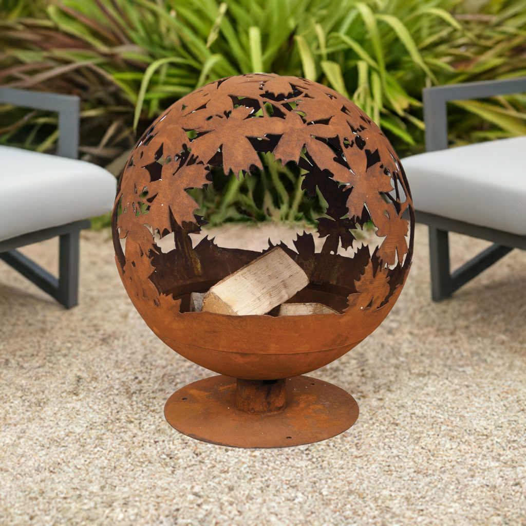 Jet-Line Feuerstelle rund Ø 58 cm – Blattmotiv & Rostoptik – Outdoor Feuerschale aus Stahl