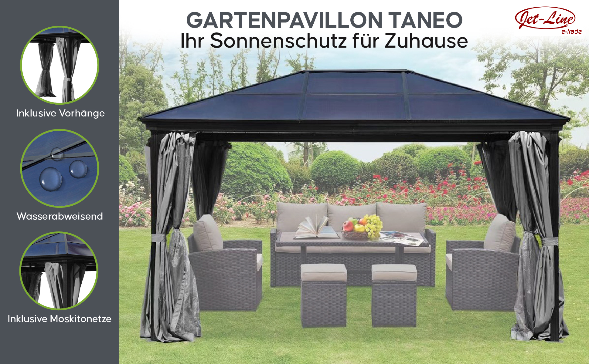 Pavillon Gartenpavillon 3x4 Taneo anthrazit aus Aluminium mit festem Dach UV-Schutz Sonnenschutz