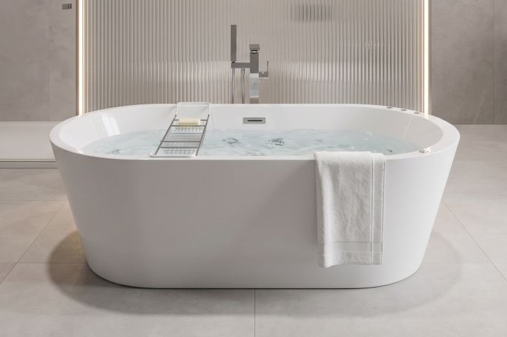 Whirlpool Indoor Spa freistehende  Badewanne OSSANTA  weiß 170x80x58 cm mit Massagedüsen