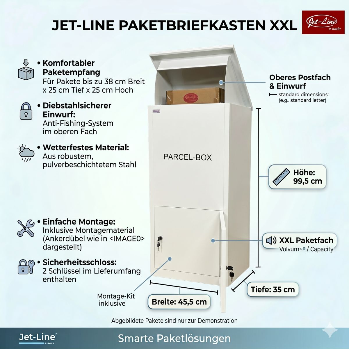 Jet-Line® | Paketbox |Paketablage Briefbox weiß mit Paketfach Gr.XX L | Metall 99,5x35x45,5