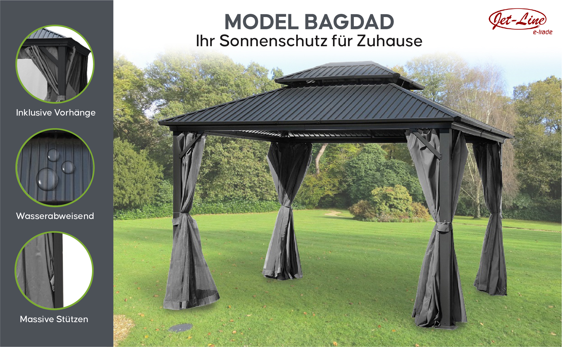 Pavillon Gartenpavillon 3,65x3,65m BAGDAD anthrazit aus Aluminium mit Hardtop aus Metall Sonnenschut