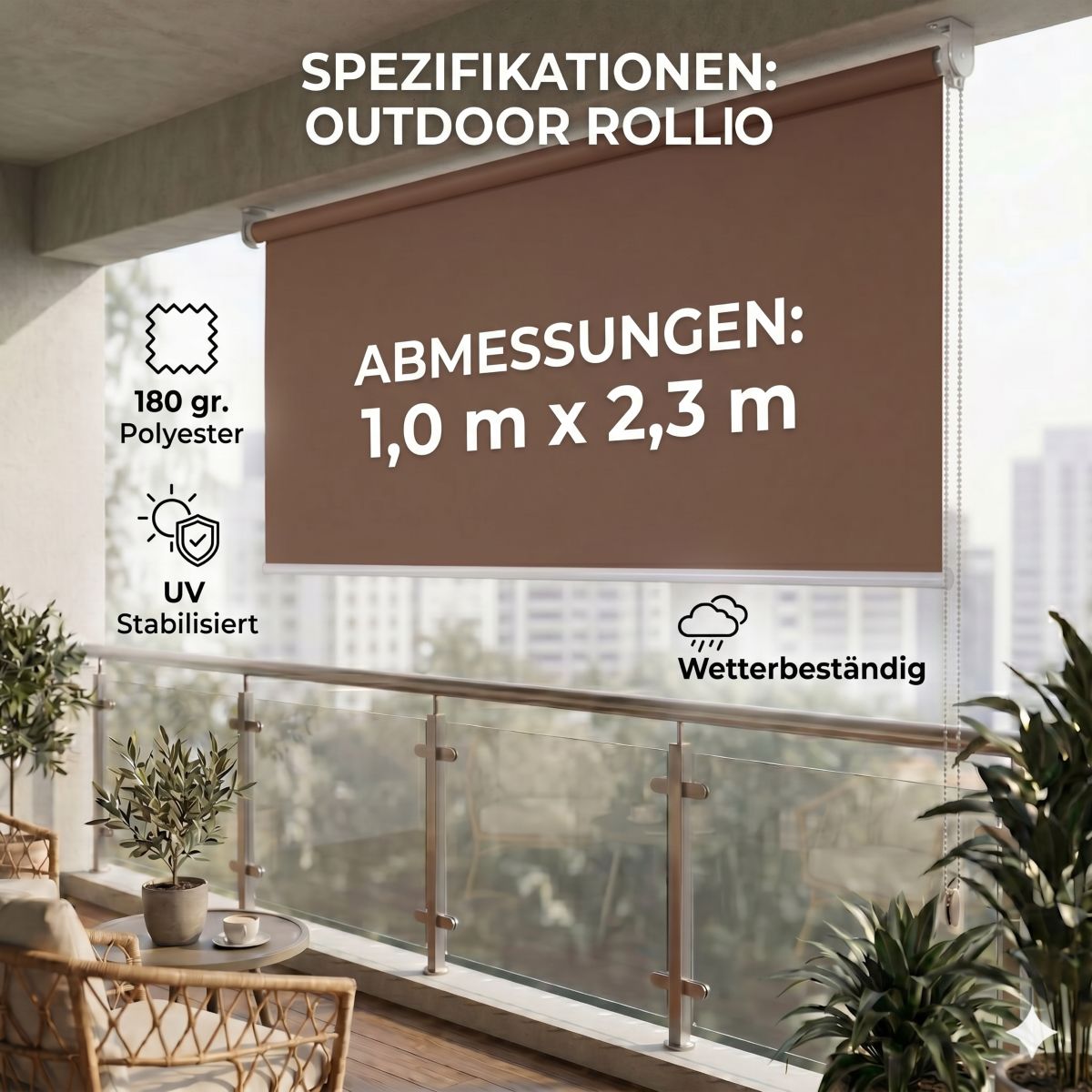 Sichtschutzrollo Outdoor-Rollo Vertikalmarkise Sichtschutz blickdichtes Rollo Fenster 1x2,3m Braun