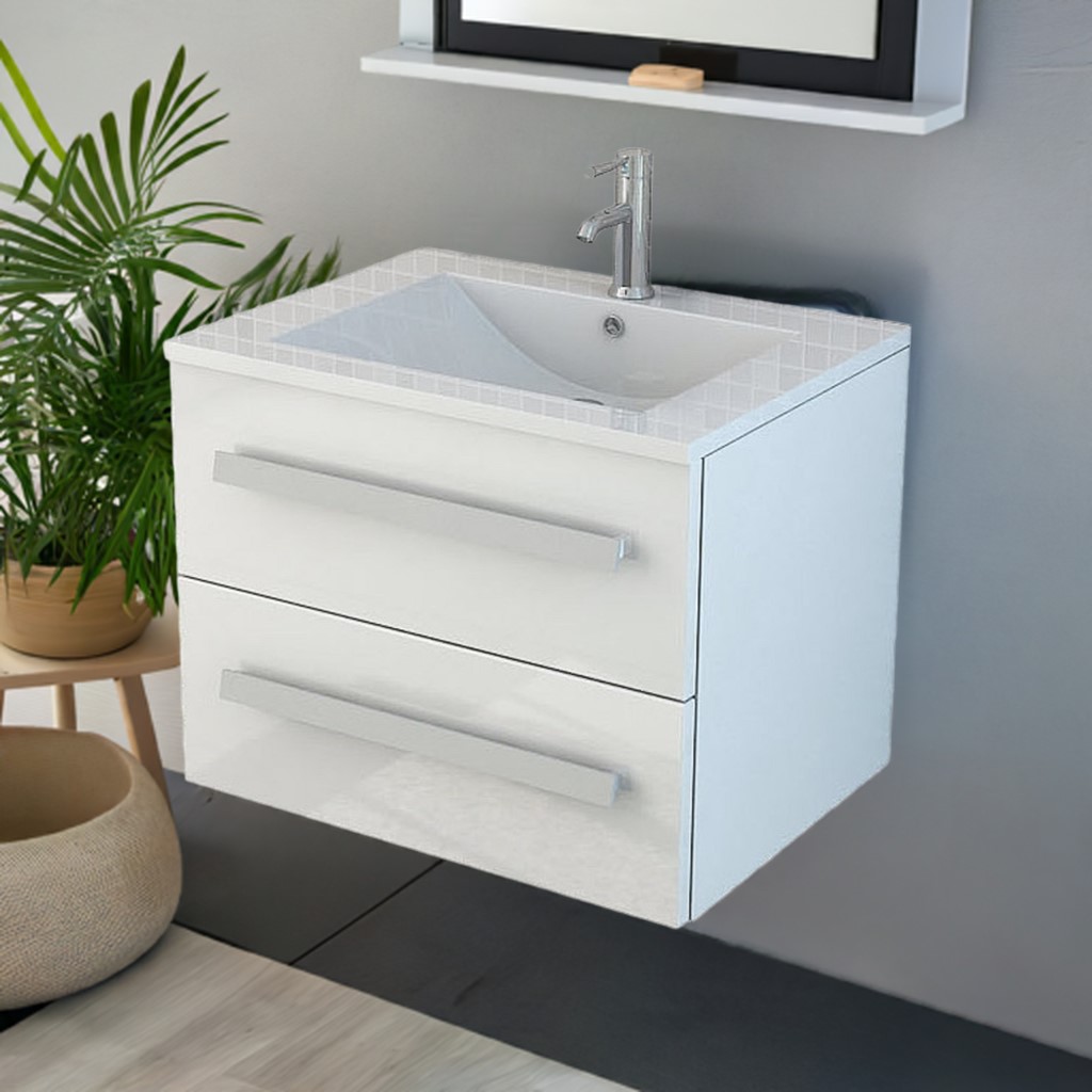 Badmöbel Waschtisch 60 cm breit hochglanz Badset AROSA II weiss Soft Close