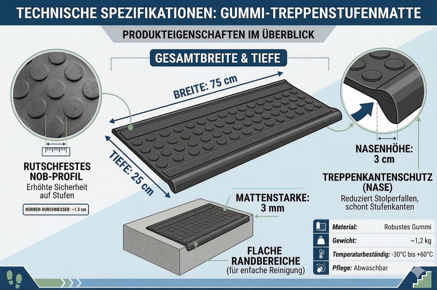 Stufenmatten MELINA Außenbereiche Treppenmatten Antirutschmatte 25x75cm schwarz Punkt groß
