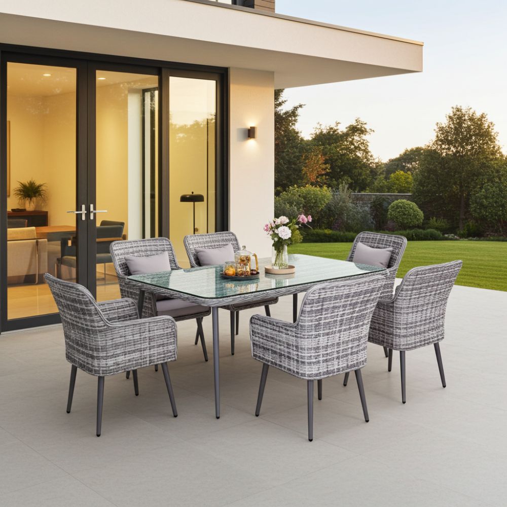 Gartenmöbel Essgruppe Sitzgruppe Outdoor QUITO grau 7-Teilig mit Kissen Garten Terrasse Balkon