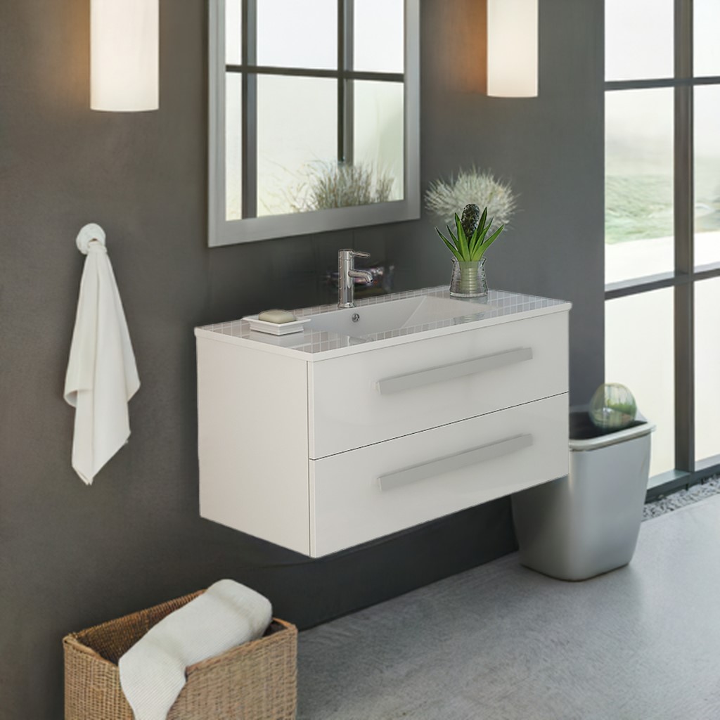 Badset RAPPERSWIL weiss Badmöbel Set Hochglanz Keramit Waschbecken