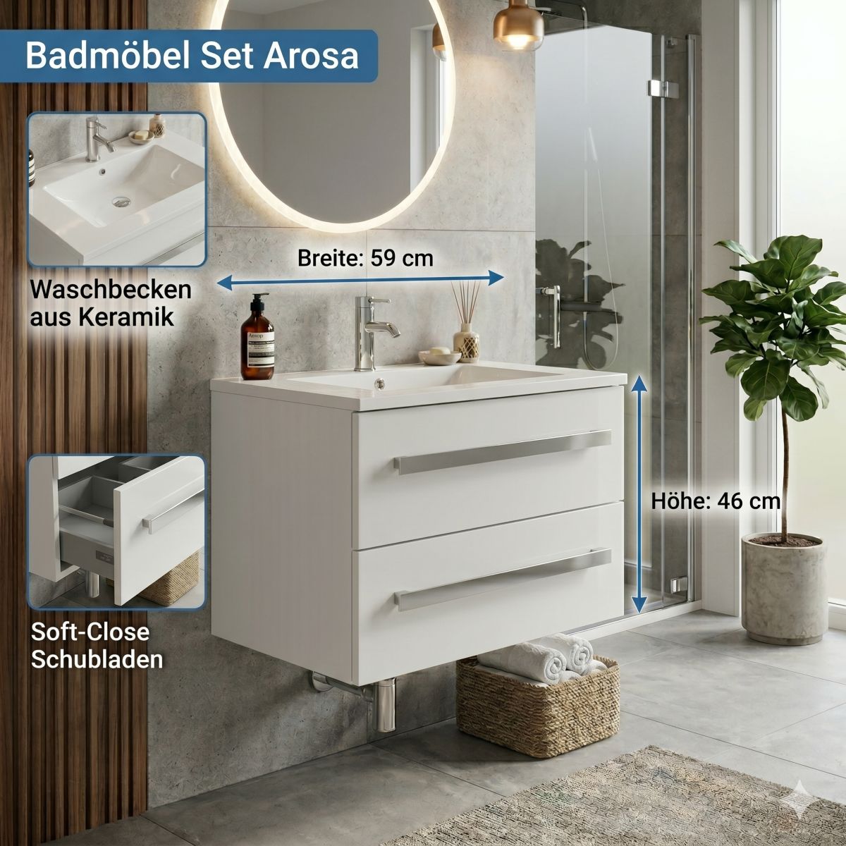 Badmöbel Waschtisch 60 cm Badset AROSA Badmoebel weiss keramik