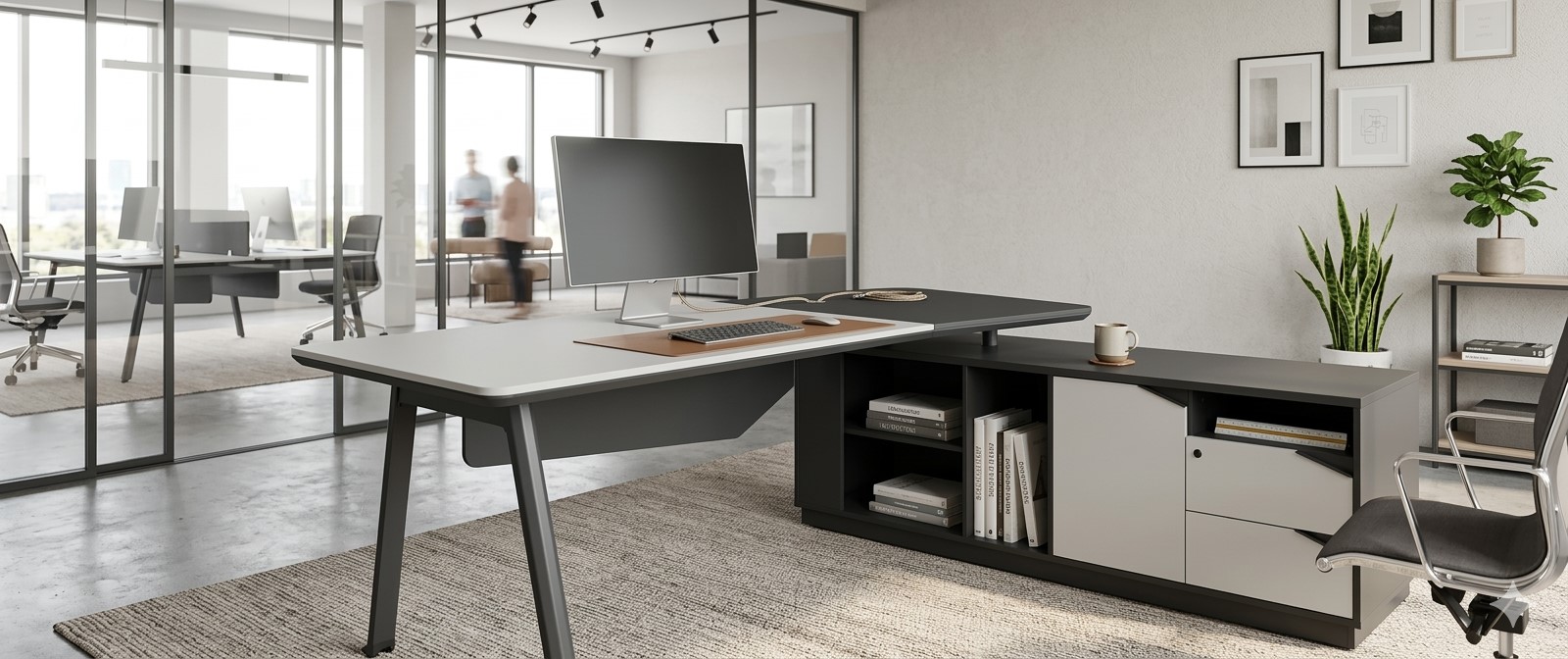 Büromöbel Chef Schreibtisch  Büroschreibtisch CAROLINA weiß-anthrazit 2,2x1,80x0,75m